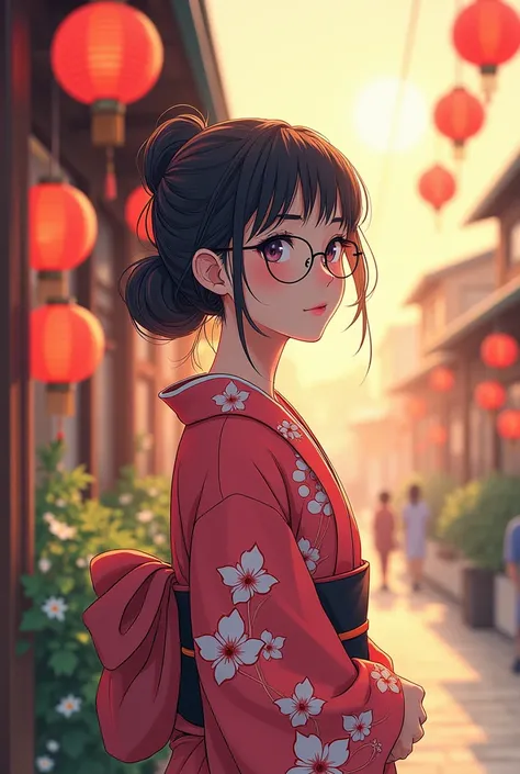 Beautiful girl with glasses、Celebrating Tanabata alone in a yukata、Tanabata Grass、interesting、Flat colors、Bold Pose
