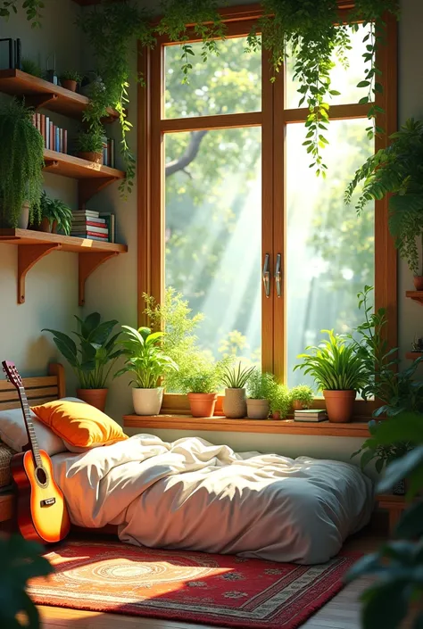 Create a peaceful, cozy indoor scene of a sunlit bedroom with large, wooden-framed windows. Outside, a lush canopy of green leaves filters the sunlight, casting gentle shadows inside. The room is filled with vibrant greenery, with plants hanging from the c...