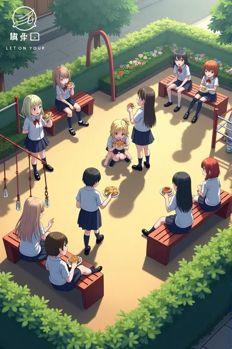 School environment, playground with students in uniform having a snack