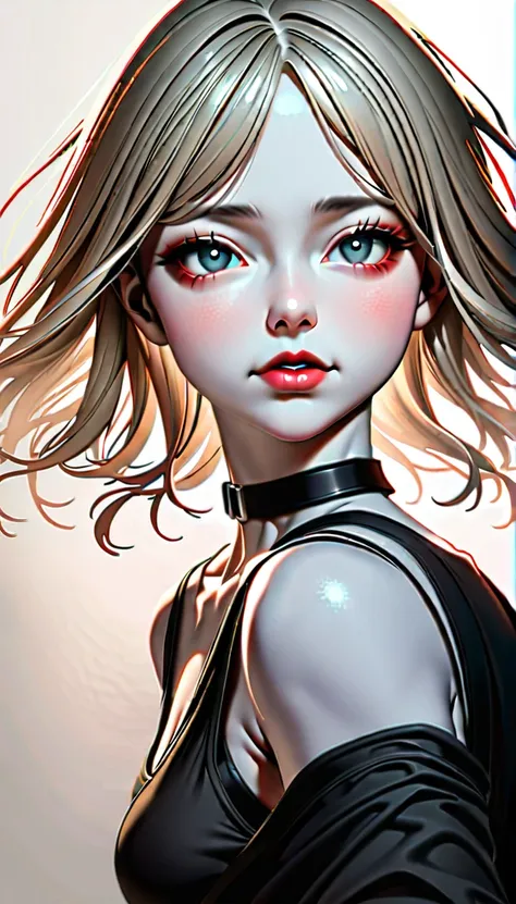 One Girl:1.5、Cute baby face、１４Year、Perfect Anatomy、Red eyeshadow、Red lipstick、Slightly pink cheeks、White skin、Ash Blonde、Black Dress、eight-headed body、small 、Unique Hairstyles、choker、highest quality、Ultra-detailed、High quality details、Portrait、Masseter mus...