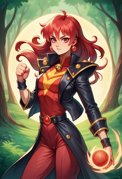 (masterpiece, best quality:1.2), lina inverse from slayers, solo, 1girl, lina inverse, very large red hair, red eyes, small breast, red jacket, red pants, black coat, black leather bell, black shoulder pads, golden earrings, ball earrings, black bracelet, ...