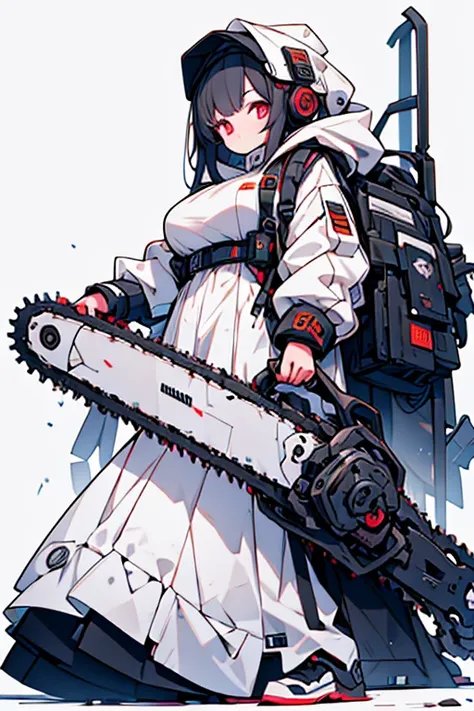 Absurd, High resolution, Super detailed,
One girl,Oversized hooded jacket,whole body,
Has a mechanical chainsaw,Large Breasts, Powered Suit