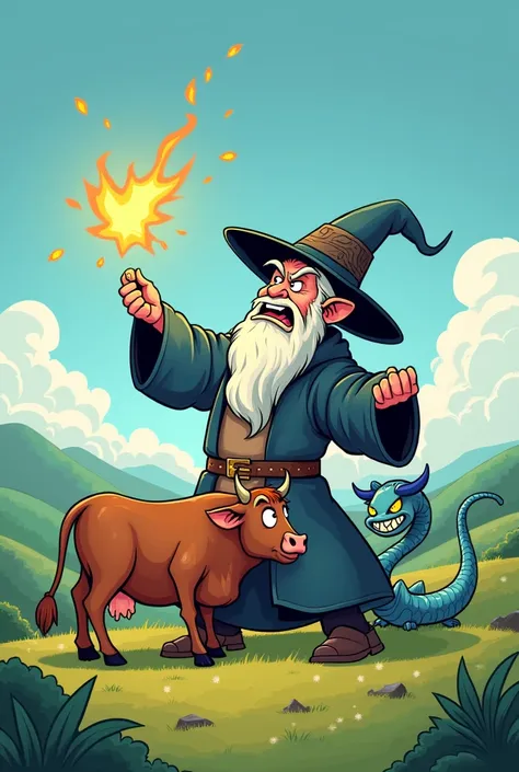 Cartoon of an angry wizard casting a spell on a water demon hiding behind a cow.