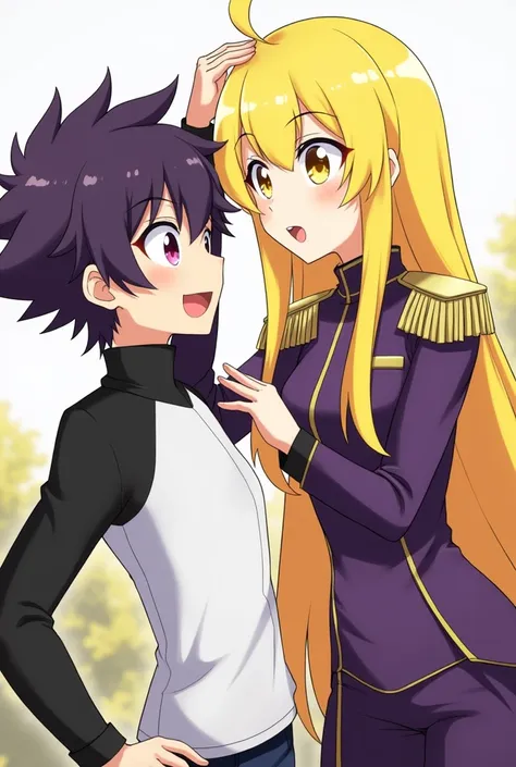 sporty guy, pointed ears, dark purple hair, bright pink eyes, pats the military girl on the head, she has yellow hair, Long hair, yellow eyes. beautiful clothes. high quality. Anime Character