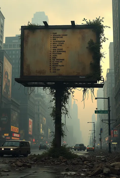 Design an album cover illustrating post apocalyptic Times Square Billboard showing a track list as follow: 
1. Skit Nekfeu
2. Prélude
3. La Cité de Dieu
4. Summer hit
5. Cara mia
6. Ovni
7. Back to the Back Part. 3