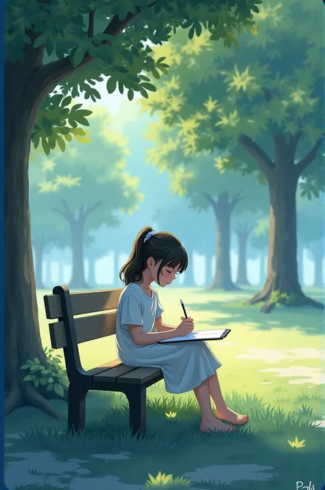 girl sitting on a bench drawing with blue outline