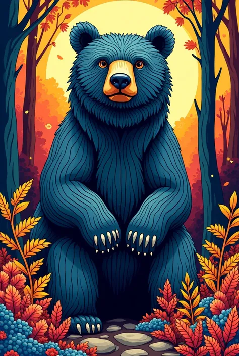 a line art of a bear, intrinsic patterns, thick lines, no shadings, beautiful and bright colors, no color blending, forest background