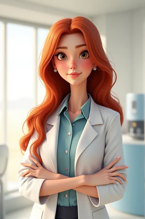 A 20 year old woman with long red hair and white skin with freckles, brown eyes, who works as a receptionist and wears a lab coat, Pixar format, white background photo 