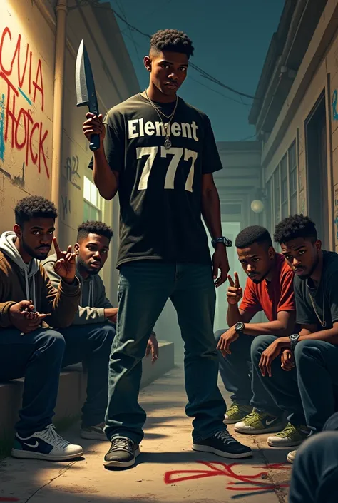 Group of black teenage gang members sitting making signs and the only one standing is holding a machete in his hand with a t-shirt that says element and there is some graffiti of 777 on the floor and on the wall