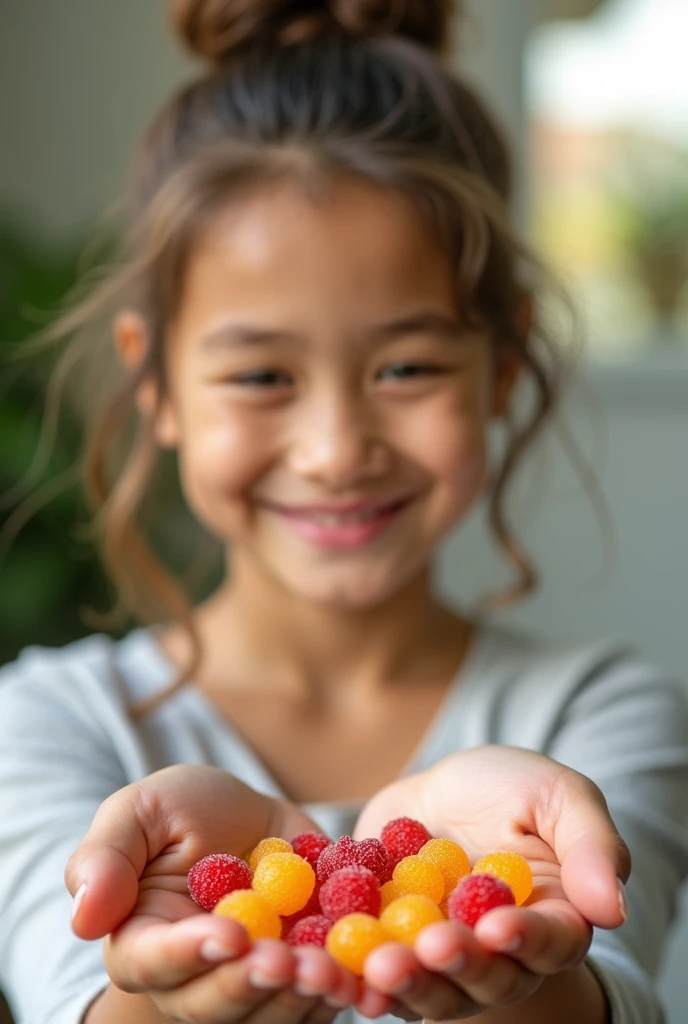 Beautiful  with cute hair holding in his hands some healthy vitamin gummies.
