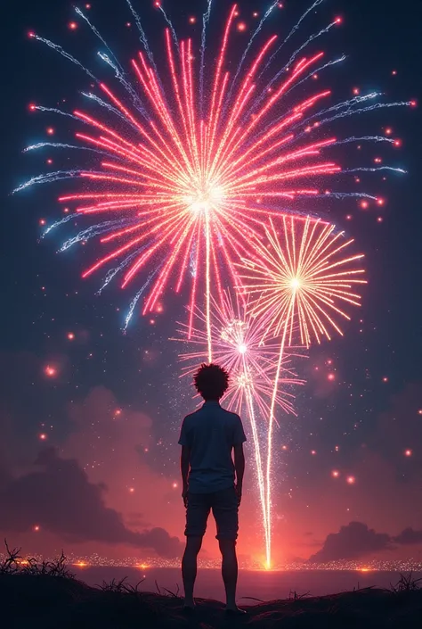 Draw a colorful firework bursting in the night sky with a person standing below, looking up in awe.