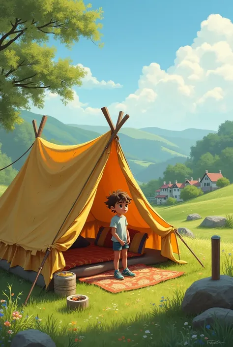 Cool Boy living in a tent in meadows on a hill side near a countryside 