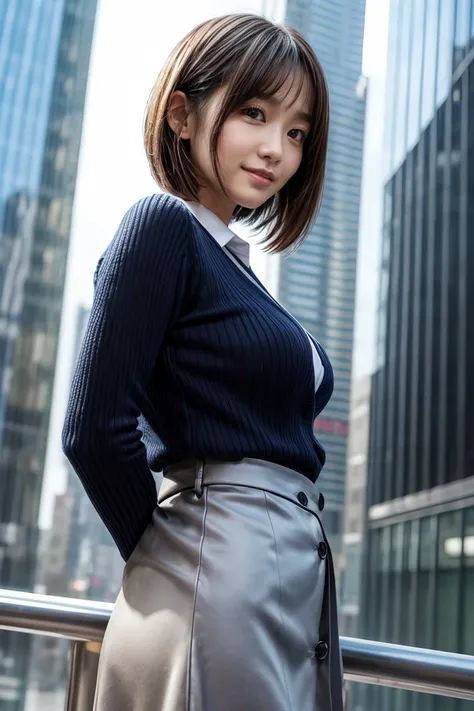 (masterpiece, best quality), (8k, photo realistic:1.2), Alone, Japanese woman, extremely detailed, straight bob hair, Thin Hair, beautiful detailed eyes, (Narrow eyes:1.5), shiny skin, detailed skin, cute, (smile:1.3), (Blurred Background, A row of skyscra...