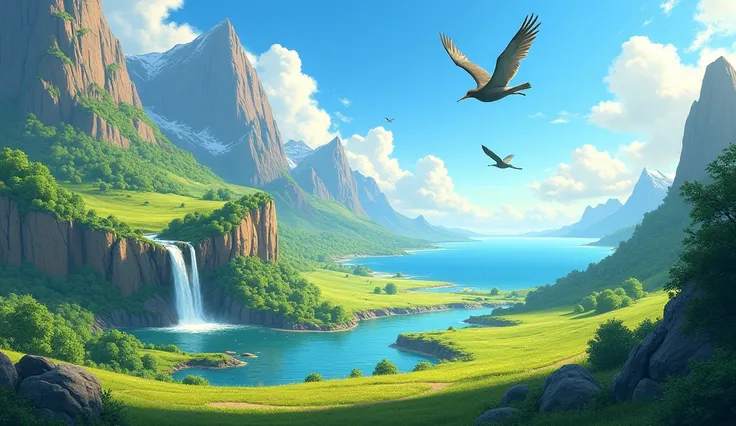  Make a landscape of a pasty place, green, with mountains of rock and the waterfall falling from that mountain to a river that flows into the sea, birds flying, blue sky, clear sunshine, few new