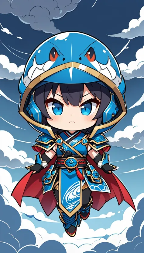 A deformed character of Thunder Drake、Chibi character style in Japanese anime style、1 person、Floating in the sky、The background is a cloudy sky