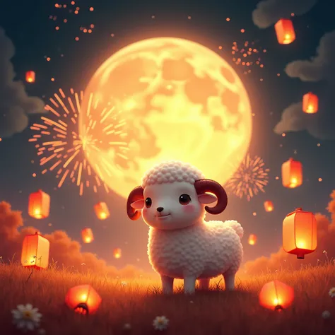 Mid-Autumn Festival，(Big Moon)，(((((Zodiac Sheep)))))，deliver，celebrate，firework，((Kongming Lantern))，Do not anthropomorphize，Don&#39;t be a human，