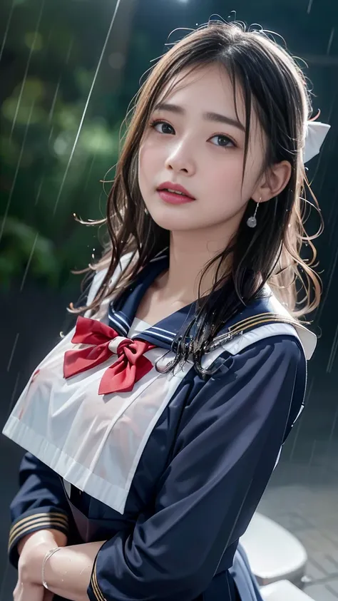 (masterpiece, Highest quality:1.2), nsfw, 8k, Official Art, RAW Photos, Unbelievably absurd, (Sailor suit, Seraphim:1.4), beautiful girl, 1、Cute Face, Arched back, Navy Pleated Skirt, close, Wet Uniform, Short sleeve, Gardenia, Viola Lace, 10 generations, ...