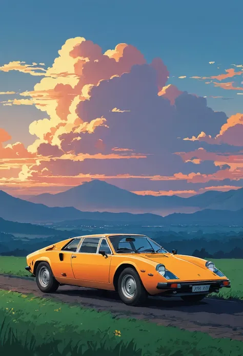 (Minimalism:1.4), Draw a simple Tintin style art of a classic Lamborghini camping at sunset with clouds , studio ghibli art, miyazaki,  , Makoto Shinkai!!, anime movie background best quality best of SeaArt HD
