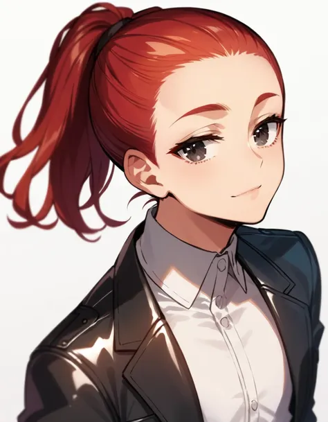 score_9, score_8_up, score_7_up, masterpiece, ultra-detailed,  pretty eyes, 1man, solo, flat chest, large pectorals muscle, small arms muscle, red hair, Medium hair, slicked back hair, ponytail, half closed eyes, Black Eyes, Black leather jacket, Inner T s...