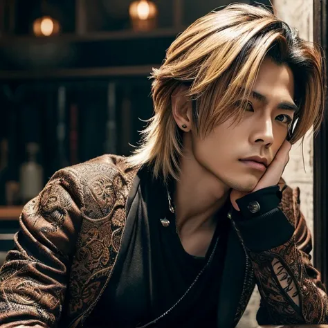 1 man, male, Japanese man, Visual Kai hairstyle, ultra detailed face and body, hyperrealistic, realistic representation, muscular, broad shoulders, tattoos gothic style, Visual Kei style, blond, long hair, 40 years old, outfit gothic streampunk, mens shirt...