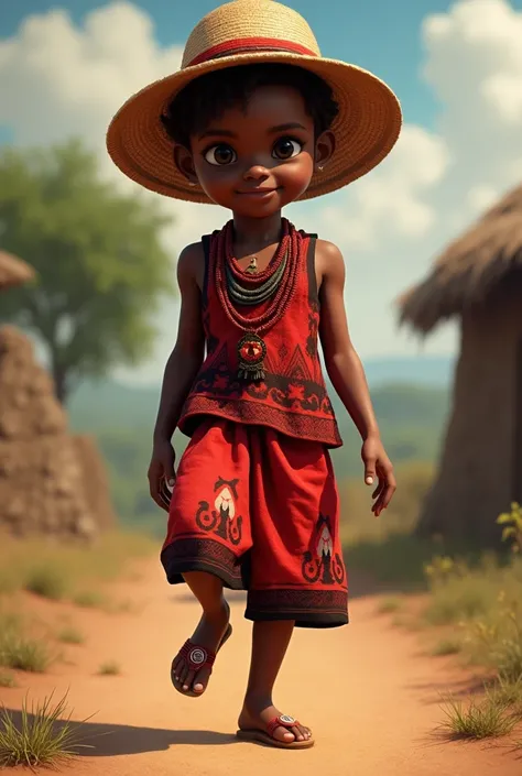 African boy dressed in red and black with straw hat and red and black necklace standing on one foot