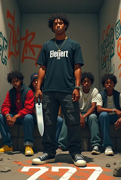 Group of black teenage gang members sitting making signs and the only one standing is holding a machete in his hand with a t-shirt that says element and there is some graffiti of 777 on the floor and on the wall. The teenagers are wearing 90s hip hop attir...