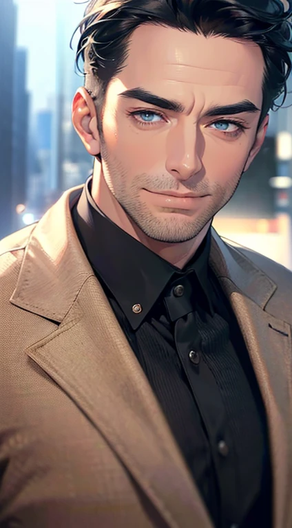 (best quality,4k,8k,highres,masterpiece:1.2),ultra-detailed,(realistic,photorealistic,photo-realistic:1.37),1 man,3,mature man,very handsome,without expression,smile,short grey black hair,blue eyes,penetrating gaze,perfect face without errors,imposing post...