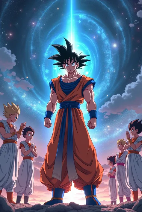 Anime character goku in space in zeno dress with all dbz characters 