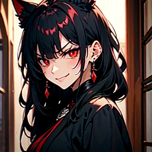 lascivious evangelina to.k. Mcdowell junkotvv, long black hair with cat ears, blunt bangs, [angry], evil smile, red eyes