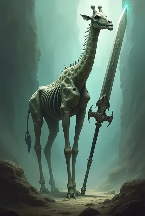 A bone giraffe on two legs with a big sword 