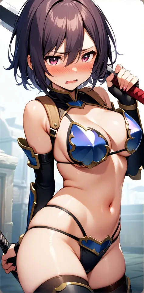 Female warrior in micro bikini armor、1girl、tits、Looking at the camera、shorthair!、Holding a sword,Embarrassed