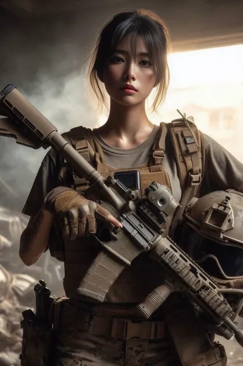 8k, Photorealistic、Realistic skin texture、A beautiful Japanese woman in the US Marine Corps holds a SIG SAUER khaki XM7 assault rifle in one hand、Holding helmet with one hand、Standing with your legs apart、On the rubble、cigarette、Defeated all enemies、Calm e...