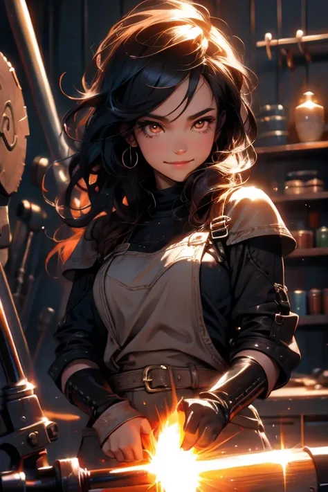 Perfect face. Perfect hands. A black haired woman with orange eyes in a blacksmith outfit is smiling while carving a handle in a welders shop