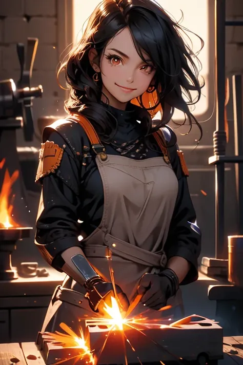 Perfect face. Perfect hands. A black haired woman with orange eyes in a blacksmith outfit is smiling while carving a handle in a welders shop