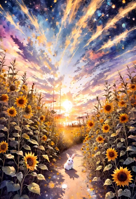 rabbit, sunflower, sunflower fields all around, masterpiece, best quality, hyper detailed, insanely detailed, full-hd, 16k, absu...