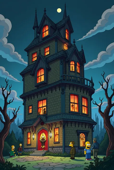  make a 7 story scary building with simpsons style
