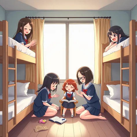 Female Dormitory，Four girls in uniform，One of them is wearing glasses，There are two bunk beds in the bedroom.，Reading a book，Some people are doing their homework.，Some people are sitting on the bed，Excited, Staring at the doll, Singing a song，HD Images，Hor...