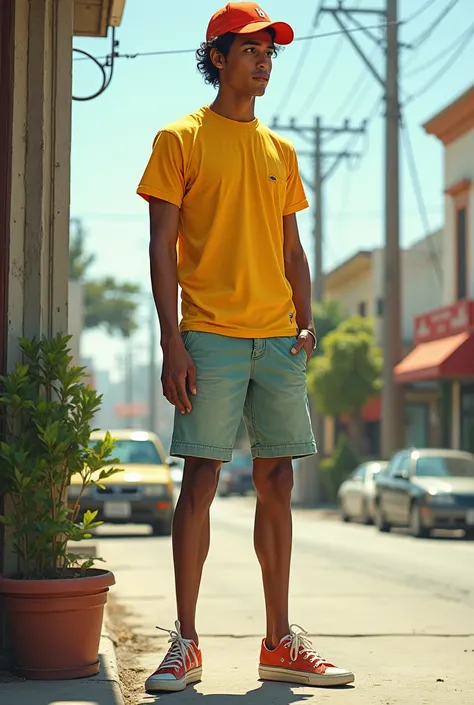 A tall man,2 skinny,Black hair,bermuda jeans,yellow shirt, red cap 