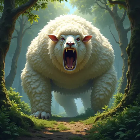 Show a huge white sheep in a forest with its mouth open in anger