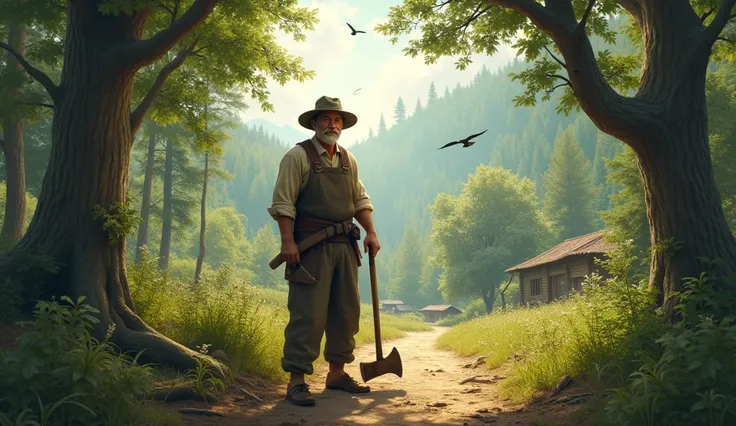 A poor woodcutter in a simple village, dressed in traditional rural clothes, standing near a forest with an axe in hand. Surrounding him are tall trees, and a dirt path leads to the village in the background. The scene is bright and peaceful with birds in ...