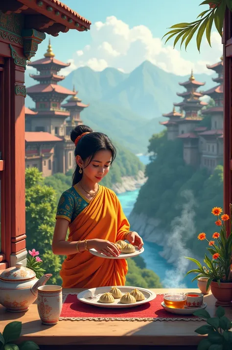 Nepali girl wearing Sari cooking nepali style momo and  tea...in background nepali temples and nepali houses also green mountain and blue river 