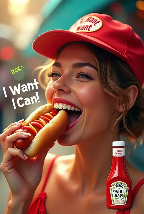 create image of woman eating hot dog with ketchup, and ketchup bottle on the side, with the brand "I want" and on top of the written image "eu I want, I can"

