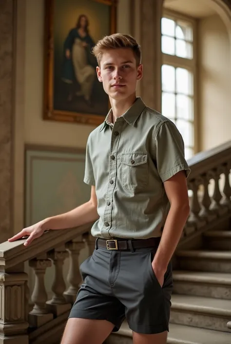 a British prince, teen, , short hair, real person, pose for a photo, wearing shirt and shorts, pose at the staircase