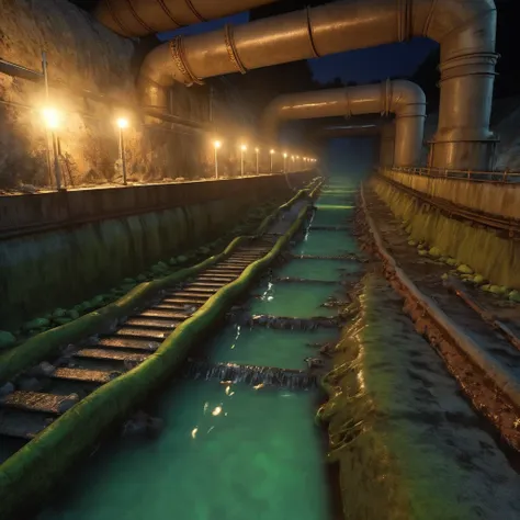 Technological channel, a greenish-brown liquid flows along the riverbed, sewage pipes are connected to the general direction, rusty stairs, washing poorly lit lamps, twilight, High High Definition, High detail, quality, Very detailed, 