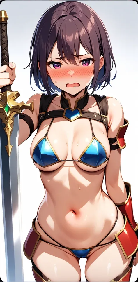 Female warrior in micro bikini armor、1girl、tits、Looking at the camera、shorthair!、Holding a sword,Embarrassed