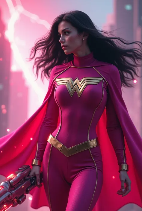  Replicate the features of the previous photo Super heroine with black hair, pink outfit and the symbol of the woman on the cape with a weapon capable of wiping memories

