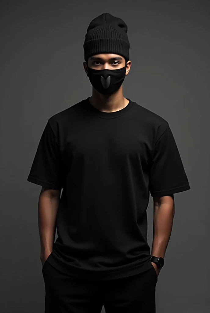  A young man
He was wearing black t shirt,a black
Mask and a black tongue hat