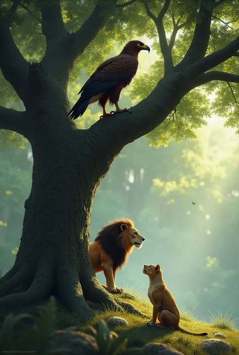 an eagle sitting in a tree talking to a little lion who is sad 