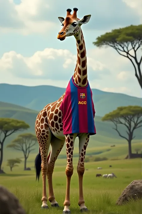 A giraffe wearing a Barcelona shirt
