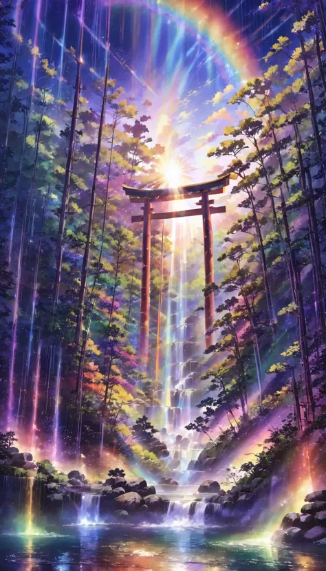 rainbow色、rainbow、rainbow色の世界、sun，dazzling light，light，shine，torii，waterfall，streaks of light，high resolution, high resolution, 8...